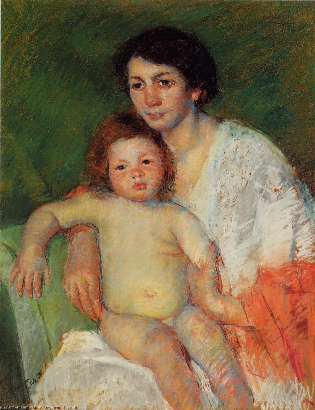 Nude Baby On Mother's Lap Resting Her Arm On The Back Of The Chair — Mary Stevenson Cassatt