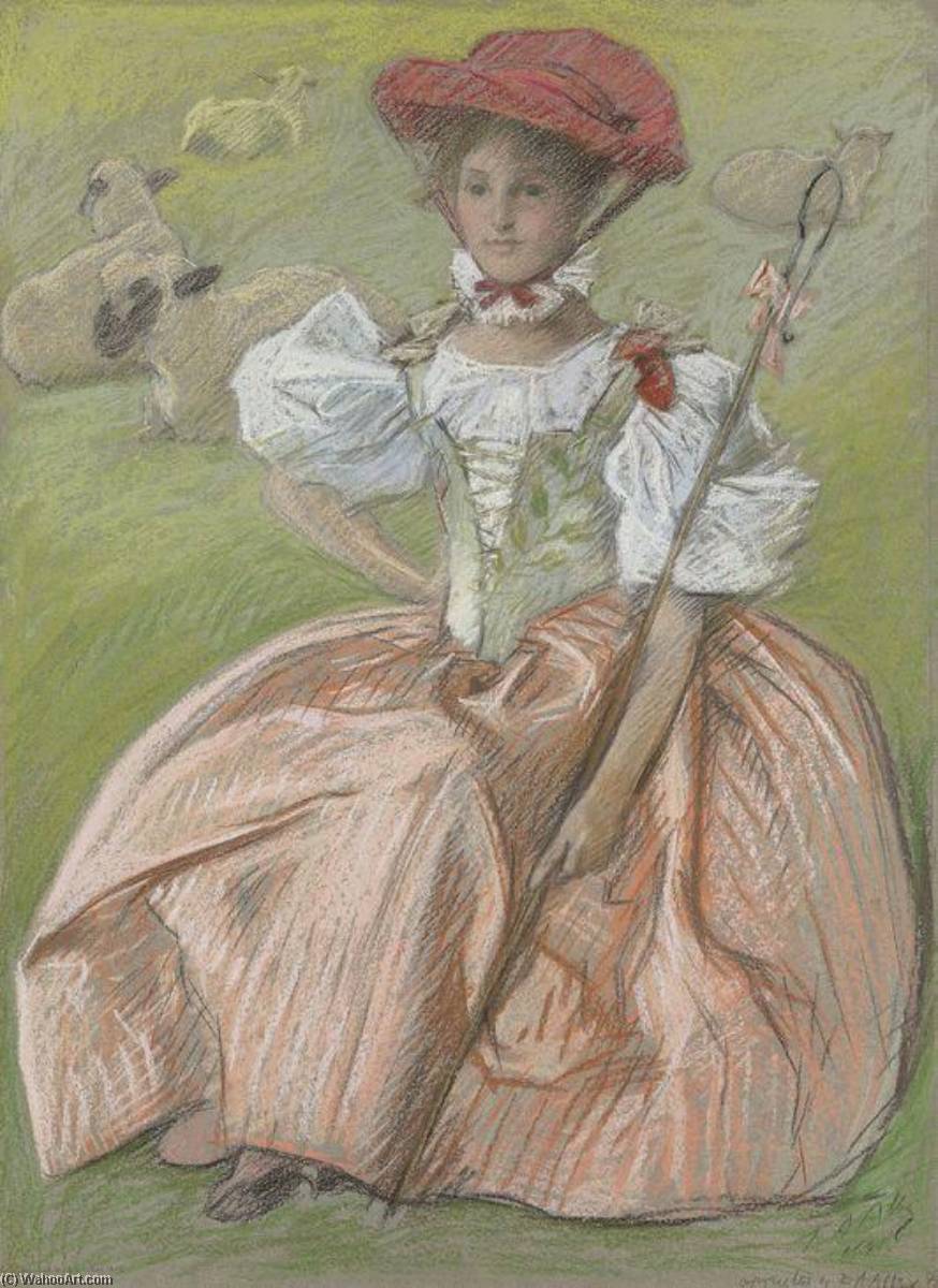 Lady In Pink Dress As Shepherdess — Edwin Austin Abbey