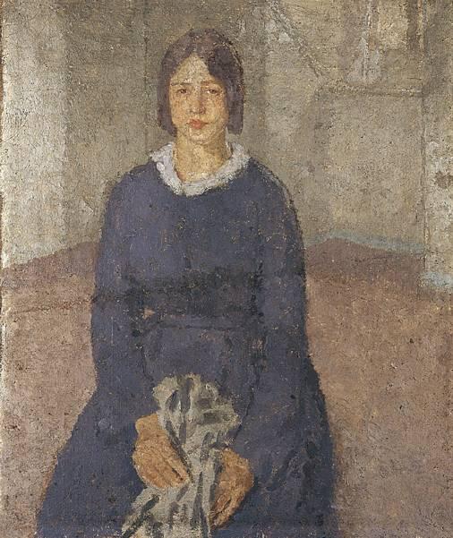 Girl In A Blue Dress Holding A Piece Of Sewing — Gwen John