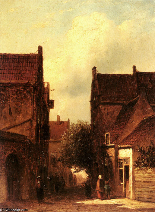 Petrus Garardus Street Scene With Figures Possibly Rotterdam — Pieter Gerard Vertin