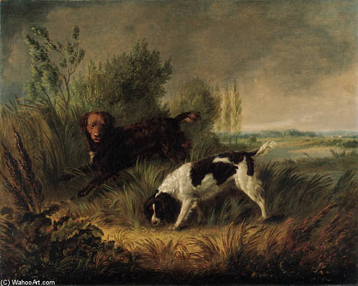 Spaniels In A Wooded River Landscape — Edmund Bristow