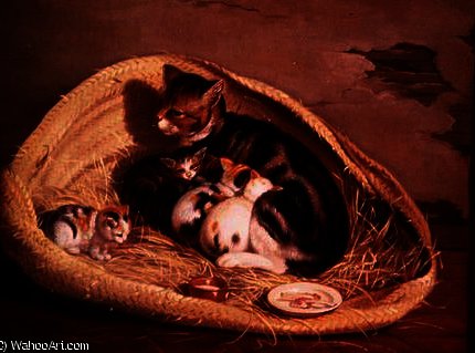 Cat With Her Kittens In A Basket — Samuel De Wilde