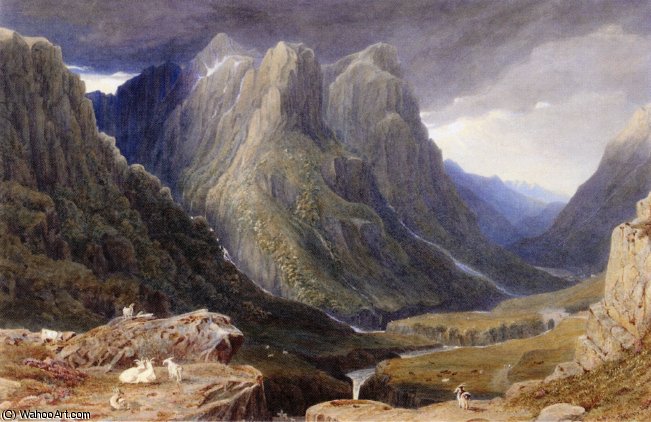Goats On A Rocky Outcrop Above A Highland Glen — George Fennel Robson