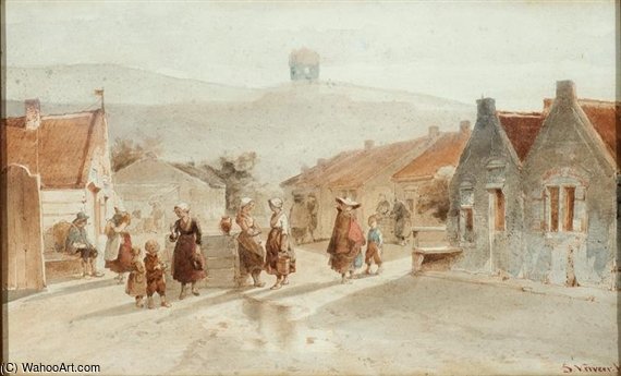 Figures In A Village Street — Salomon Leonardus Verveer