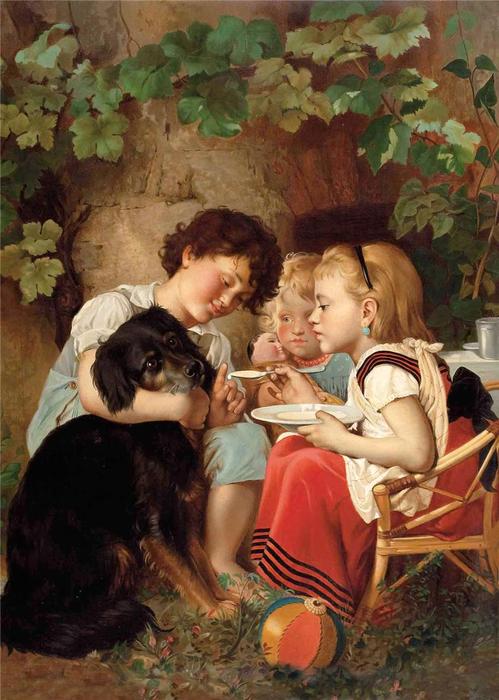 Three Children Feeding Dog — Carl Reichert