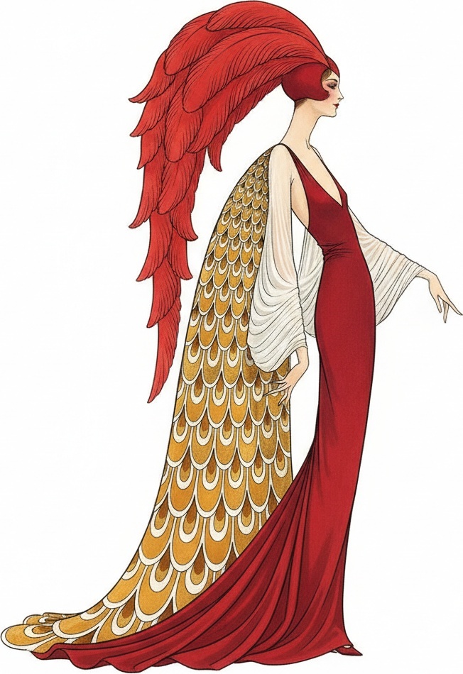 Crimson Plumage And Golden Scalloped Silhouettes — Valentin Laurent De Courcey