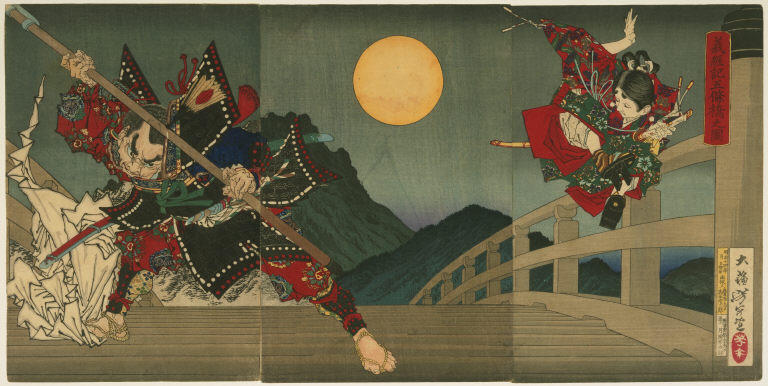 Ushiwaka And Benkei Duelling On Gojo Bridge — Tsukioka Yoshitoshi