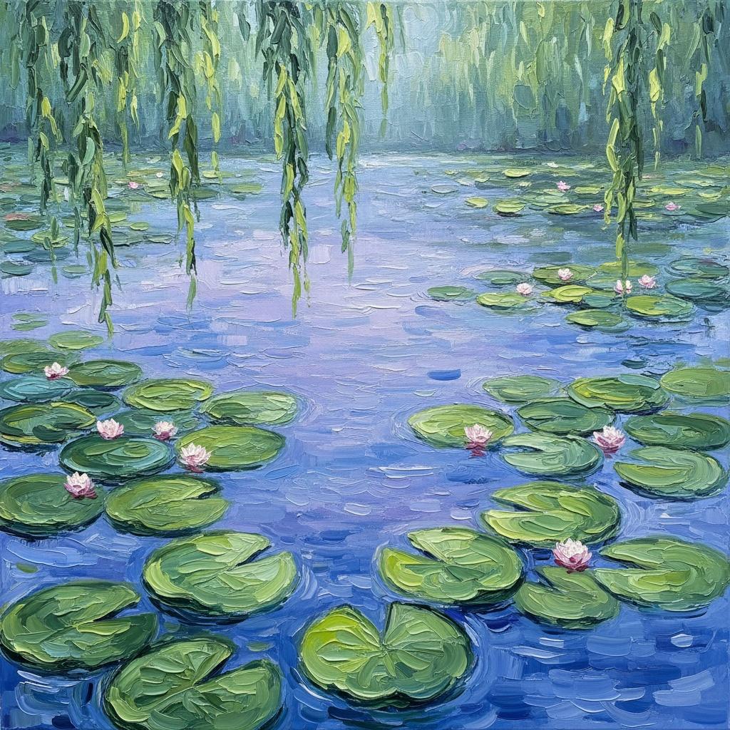 Serene Reflections Of Willow And Lily In A Meditative Blue Impasto Masterpiece — Christian Noiret