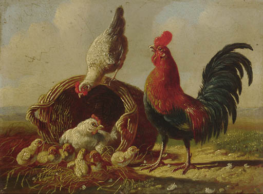 A Chicken Family By A Wicker Basket — Albertus Verhoesen