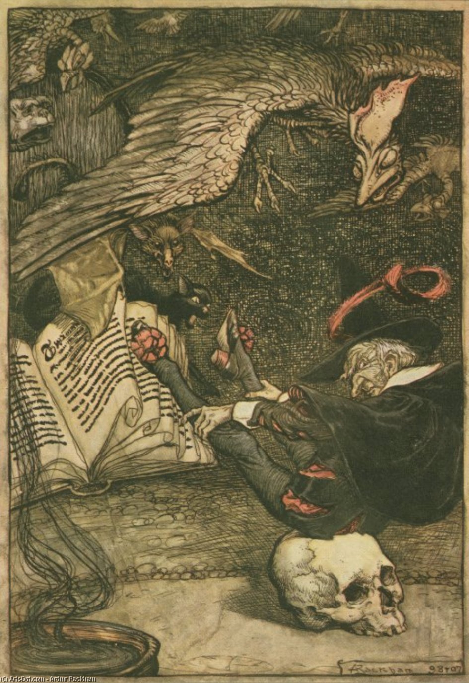 The Little Man Had Seated Himself In The Center Of The Circle Upon The Large Skull. [mrs. Botherby's Story] — Arthur Rackham