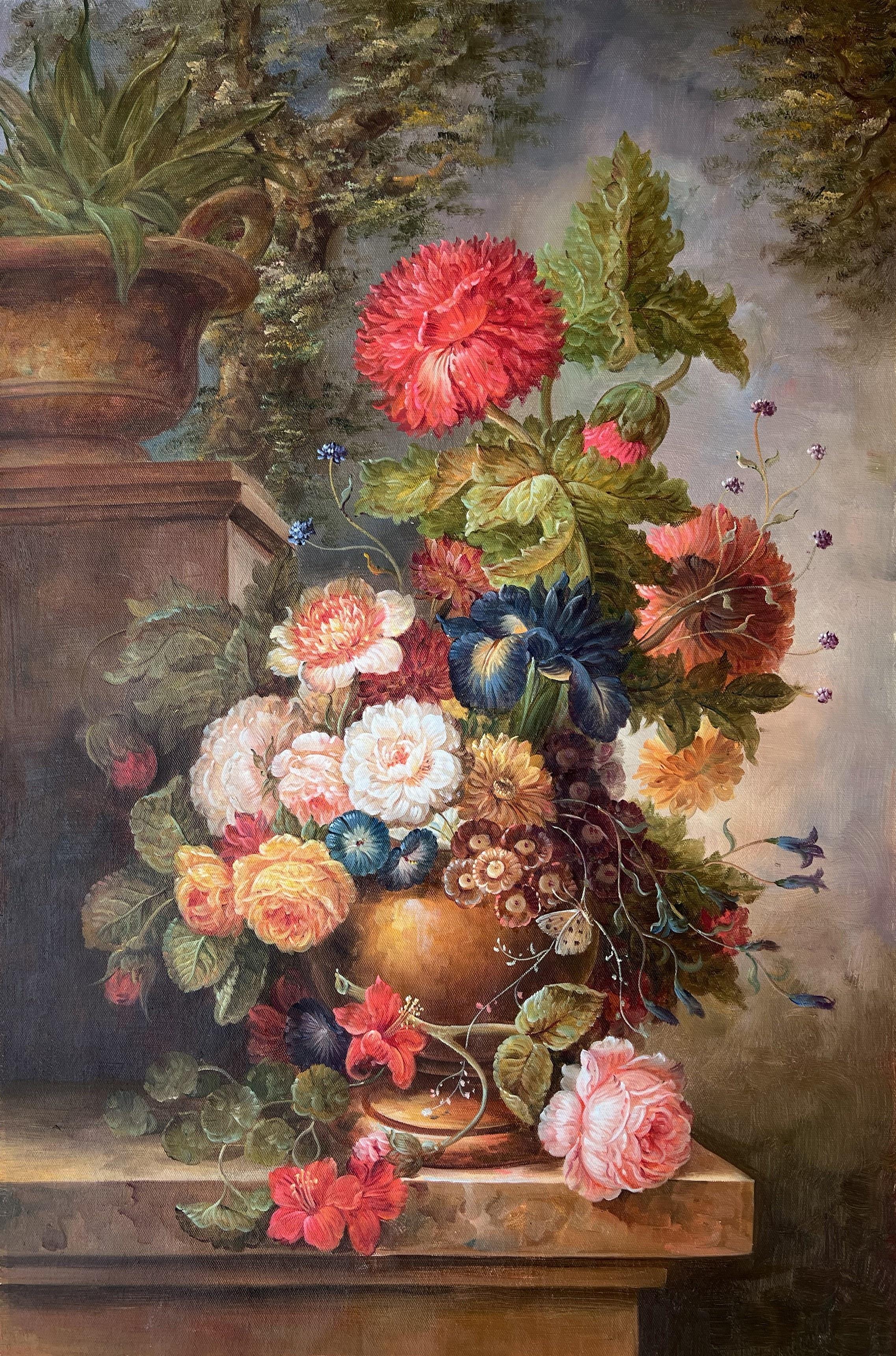 Baroque Floral Still Life In Golden Urn
