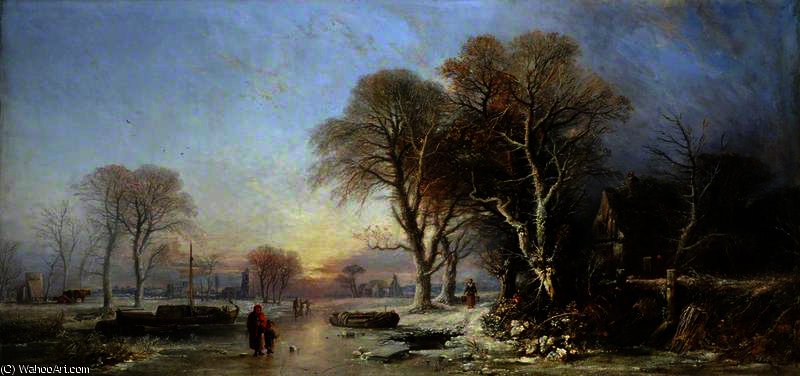 A Winter Landscape At Sunset With Figures On A Frozen River — William James Müller
