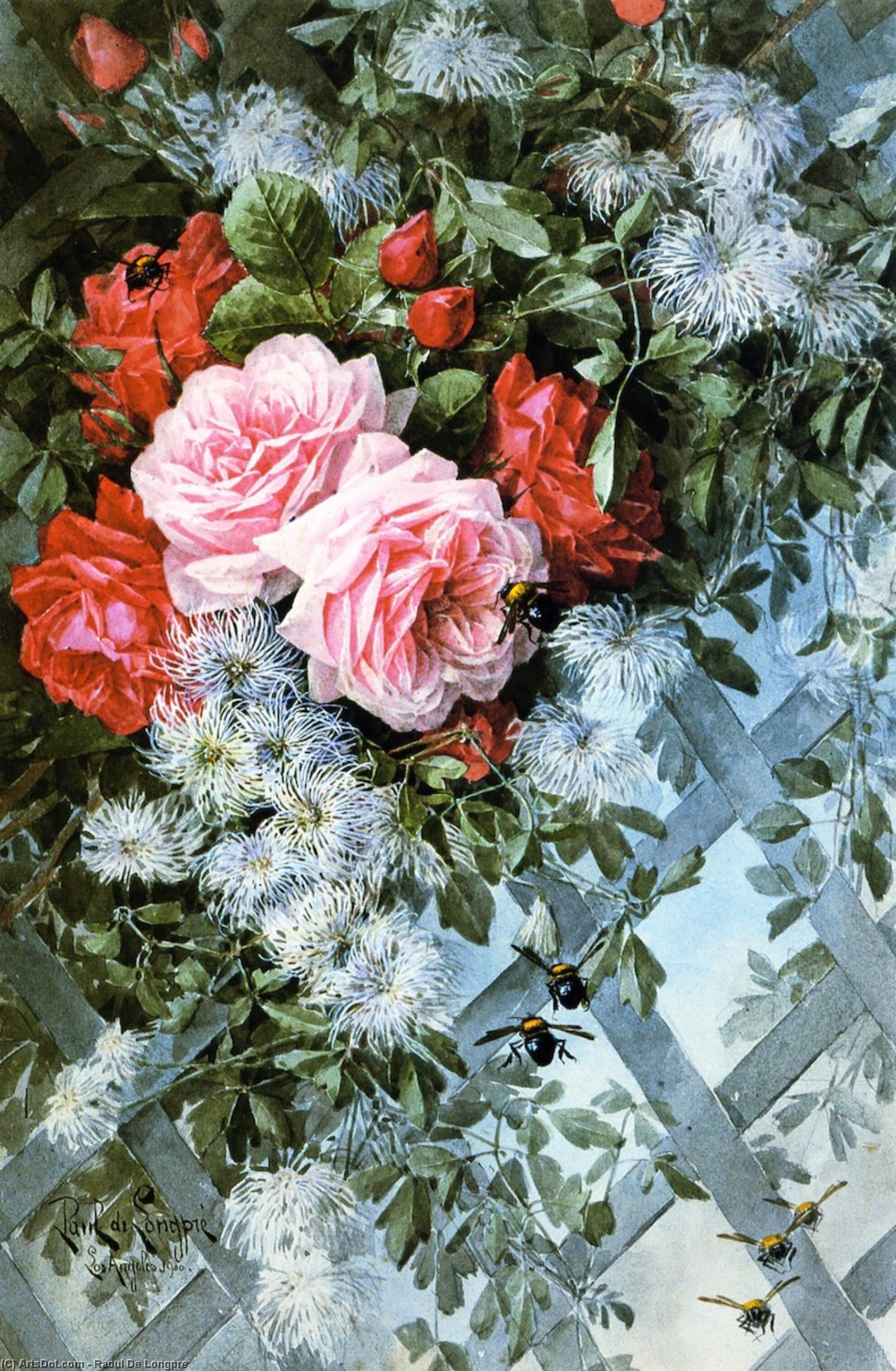Roses La France And Jack Roses With Clematis — Raoul De Longpre