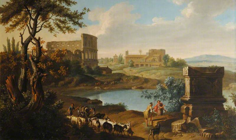 An Italianate Landscape, With Cattle And Herdsmen — Johann Heinrich Müntz