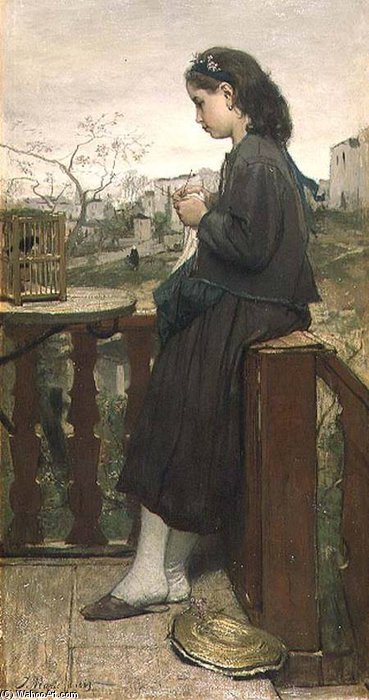 Girl Knitting On The Balcony - — Jacob Henricus Maris