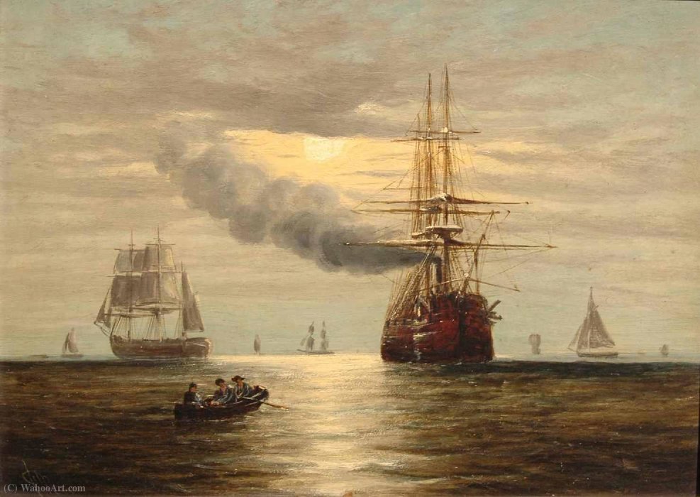 Steam-powered Sailing Ship And Other Craft By Moonlight By Claude Thomas Stanfield Moore — Claude Thomas Stanfield Moore