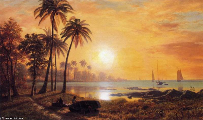 Tropical Landscape With Fishing Boats In Bay — Albert Bierstadt