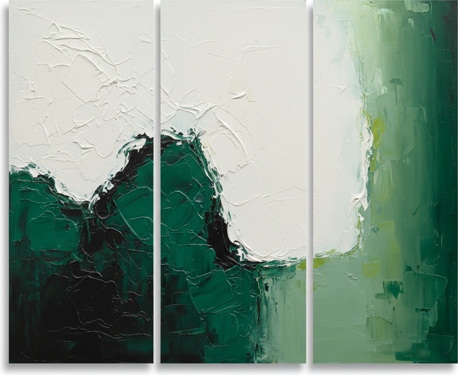 Ätherisches Triptychon Aus Grünlichen Schatten Und Skulpturalem Licht In Tiefem Impasto — David Moreau