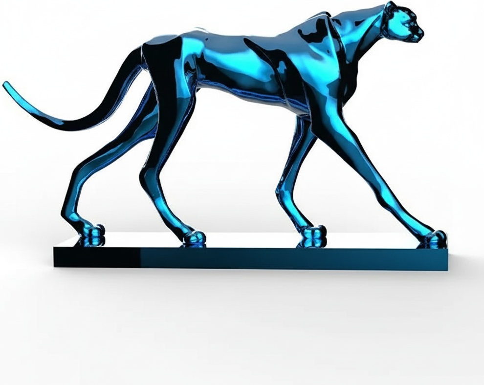 Azure Cheetah Sculpture – Resin & Fiberglass Art Deco Form