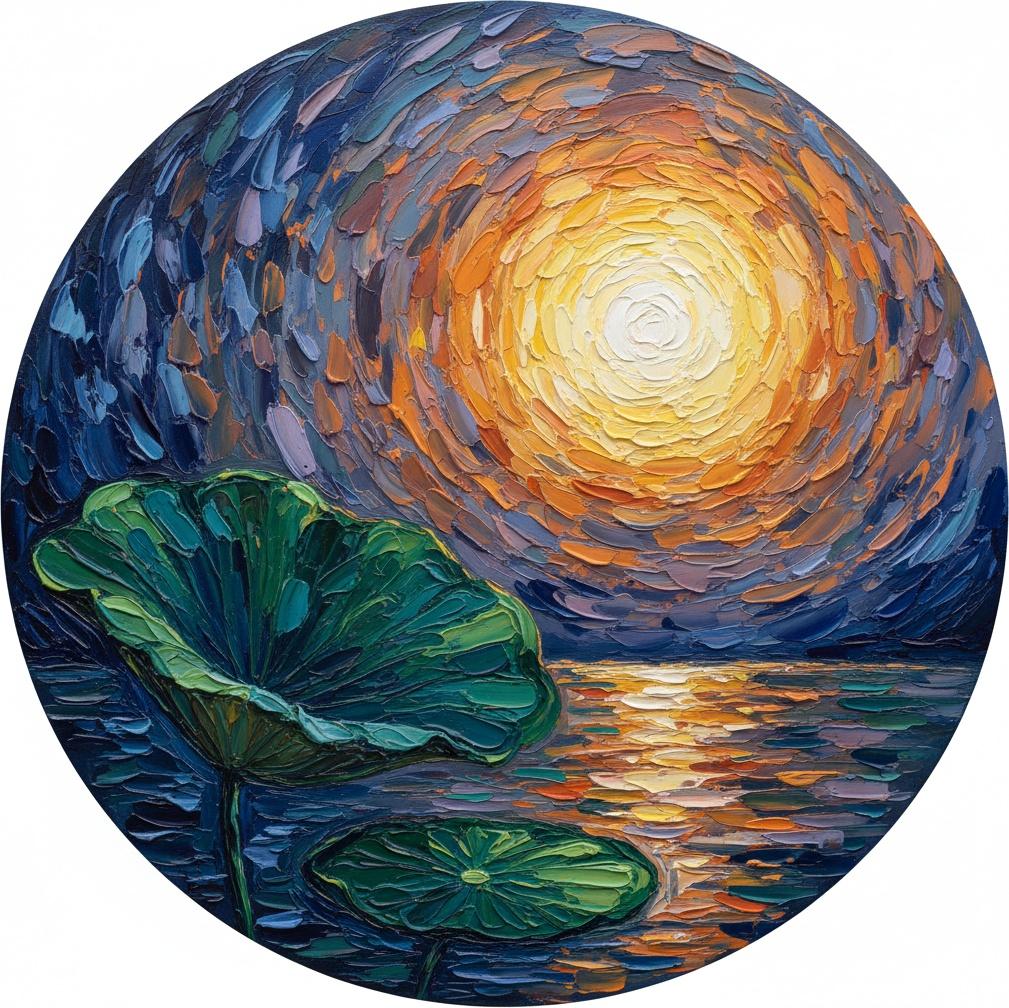 Luminous Golden Solar Majesty Amidst Emerald Ripples In A Singular Tondo Composition — David Moreau