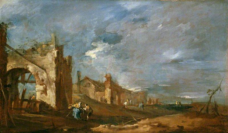 Ruined Buildings And Figures At The Edge Of The Lagoon — フランチェスコ・ラッツァーロ・グアルディ