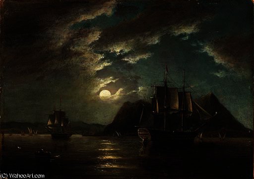 The Minden 74 Off Gibraltar In Moonlight — John Wilson Carmichael
