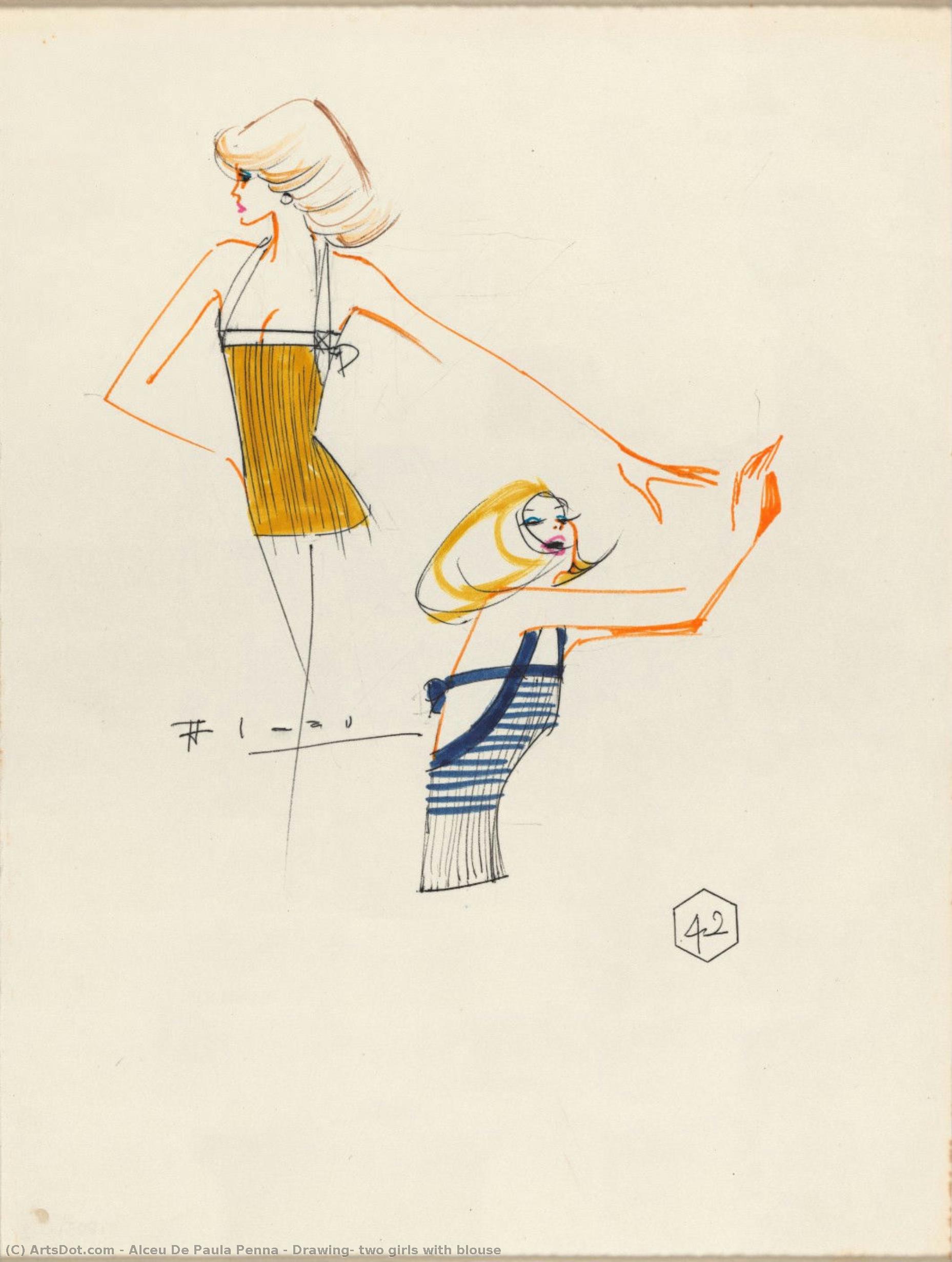 Drawing, Two Girls With Blouse — Alceu De Paula Penna