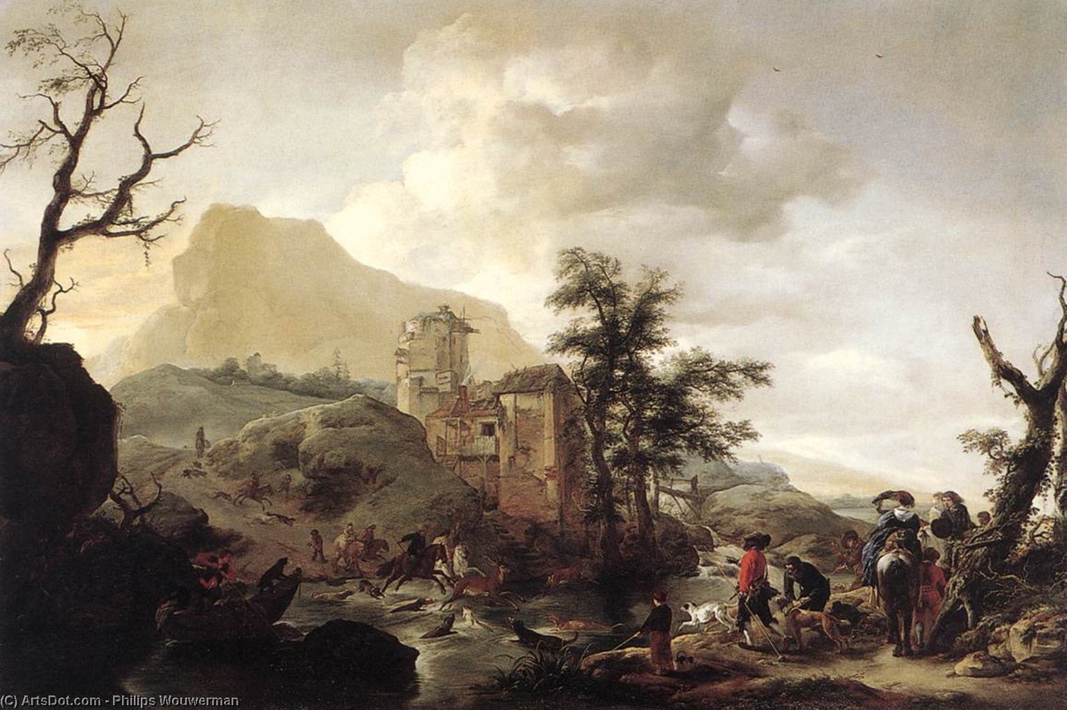 Stag Hunt In A River — Philips Wouwermans