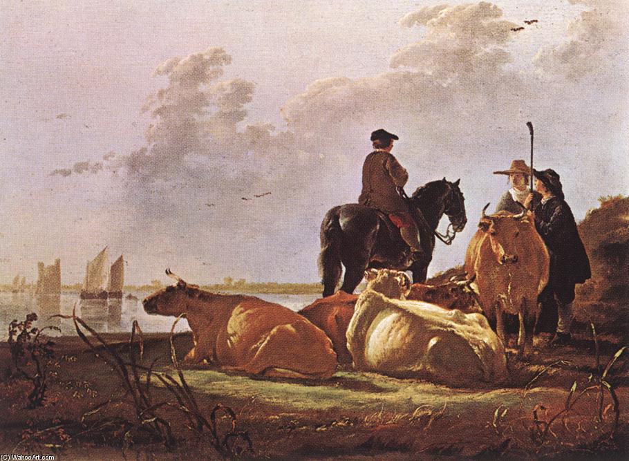 Peasants With Four Cows By The River Merwede — Aelbert Jacobsz Cuyp