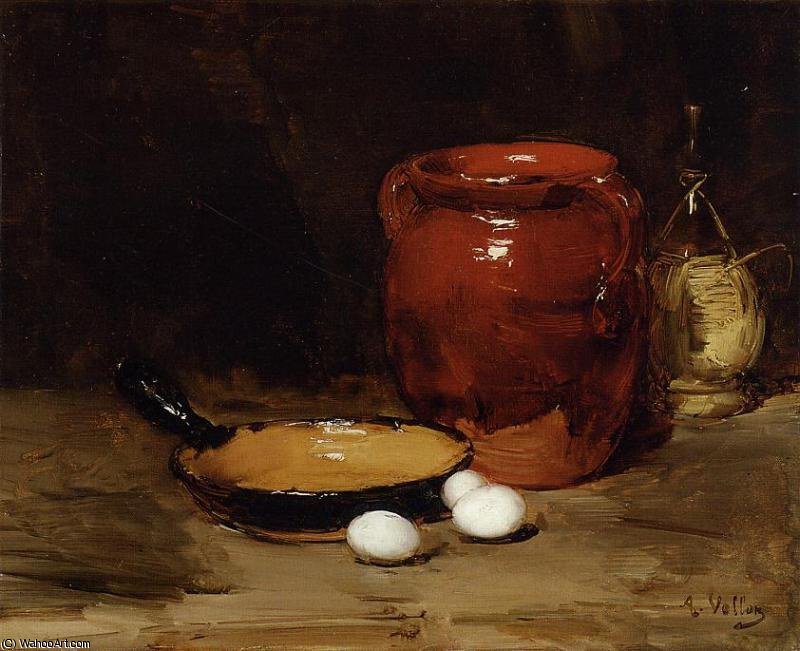 Still Life With A Pen, Jug, Bottle And Eggs On A Table — Antoine Vollon