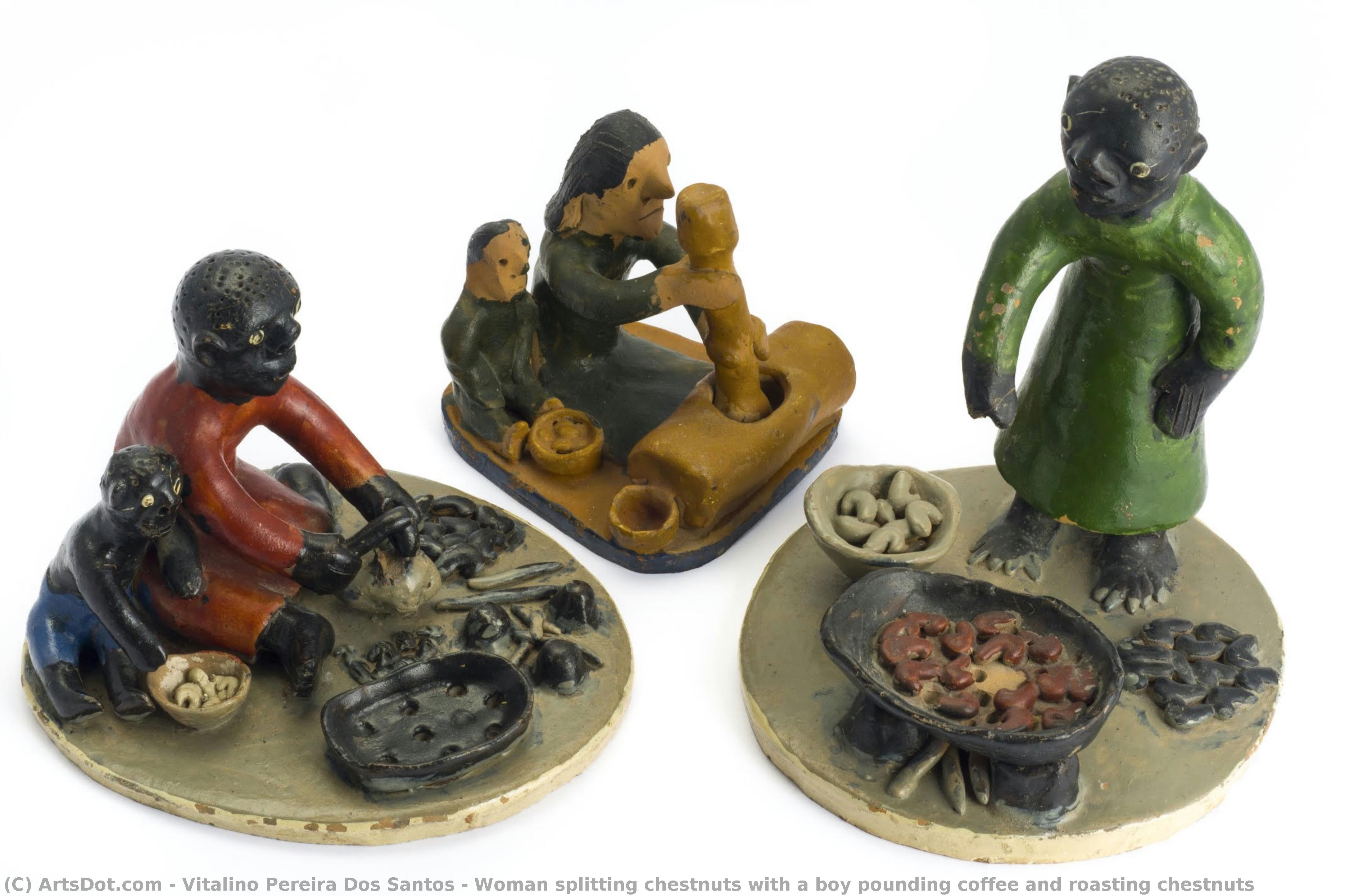 Woman Splitting Chestnuts With A Boy Pounding Coffee And Roasting Chestnuts — Vitalino Pereira Dos Santos