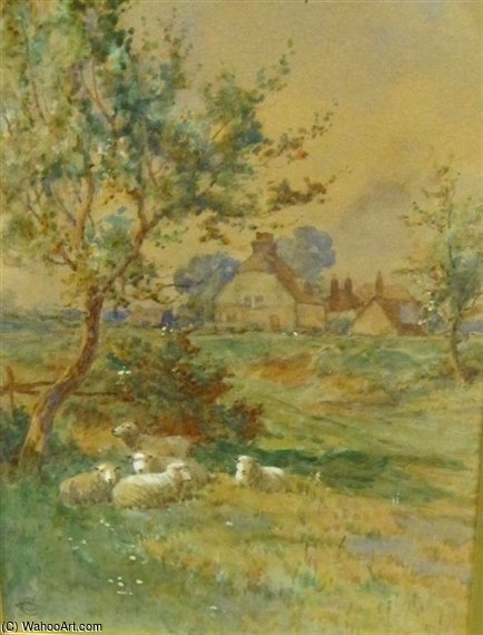 Sheep Resting By A Track, A Farmhouse Beyond — Claude Cardon