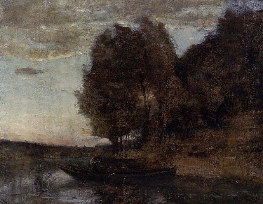 Fisherman Boating Along A Wooded Landscape — Jean-baptiste-camille Corot