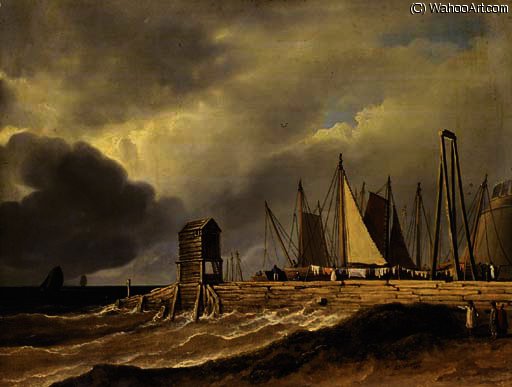 A Pier In Choppy Seas With Figures In The Foreground And Sailing Boats Beyond, Traditionally Described As 'the Old Fish Market At Brighton' — James Arthur O Connor