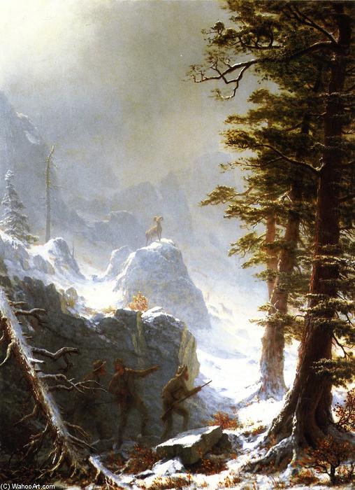 Three Hunters Stalking A Big Horn Sheep In A Snow Squall — Albert Bierstadt