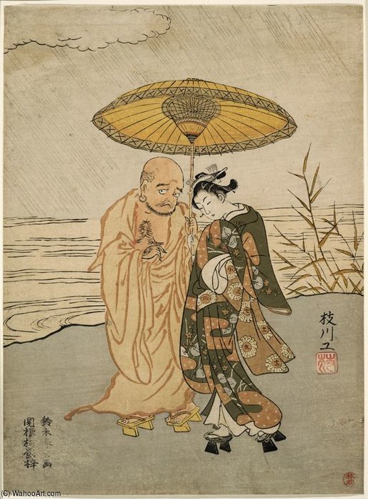 Daruma And A Young Woman In The Rain — Suzuki Harunobu