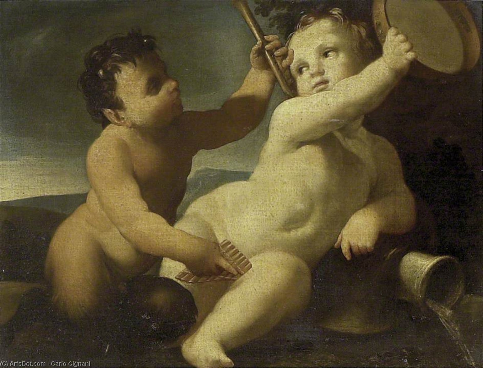A Putto With A Tambourine And An Infant Satyr With A Panpipe — Carlo Cignani