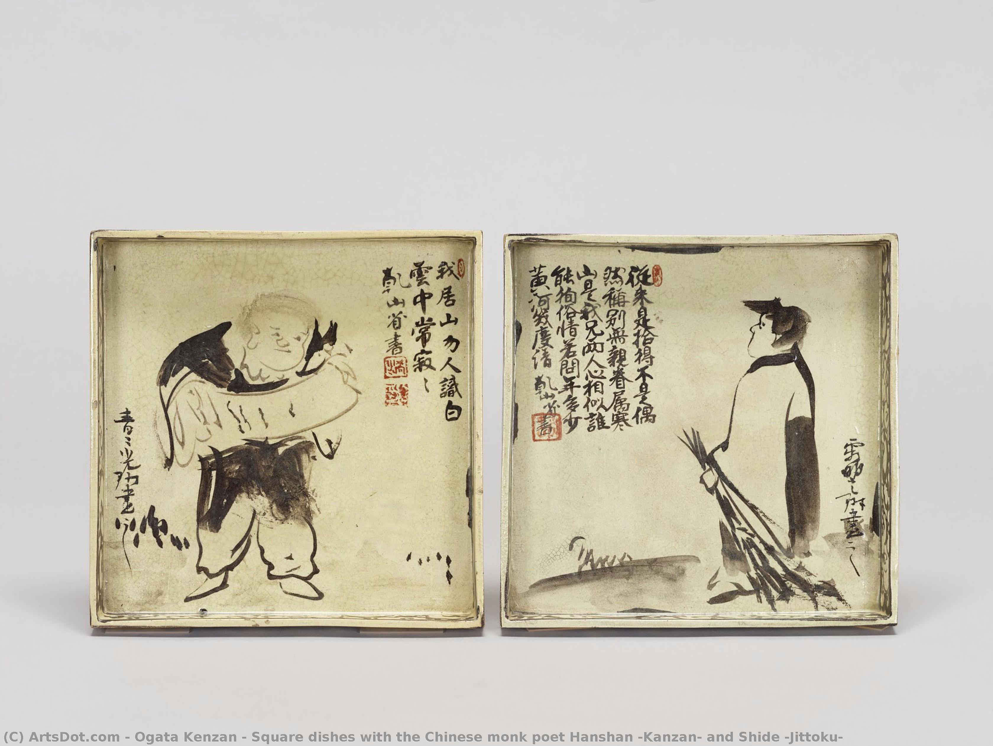 Square Dishes With The Chinese Monk Poet Hanshan (kanzan) And Shide (jittoku) — Ogata Kenzan