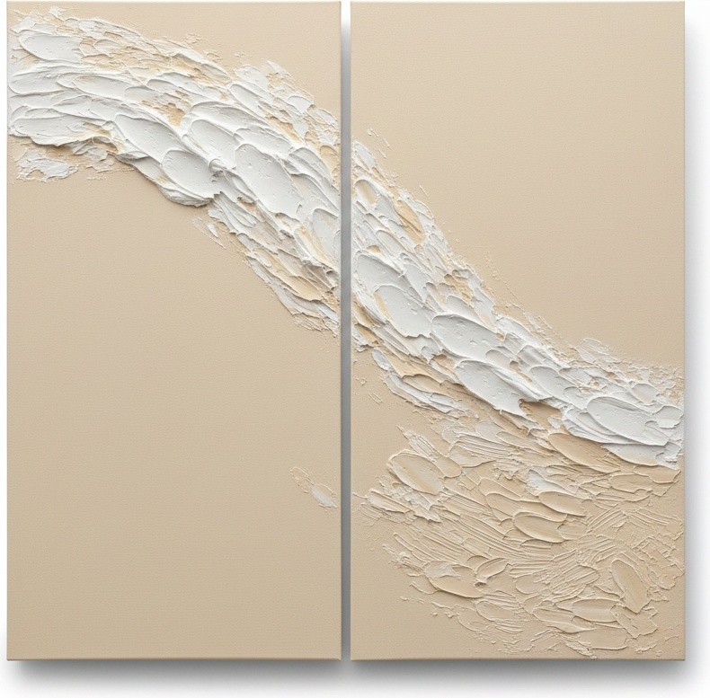 Monolithic Flow: A Sculptural Diptych Of Ethereal White Impasto And Sanded Serenity — David Moreau