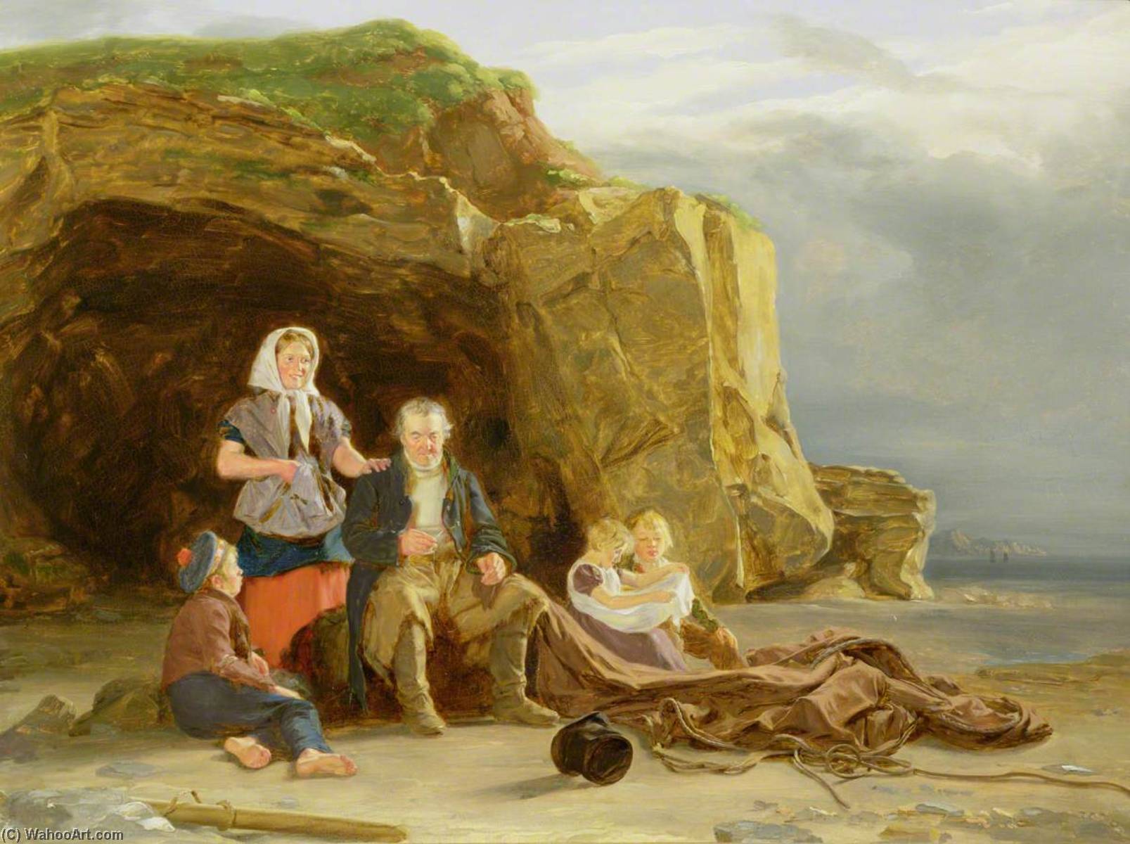 Coastal Scene With Figures Mending Nets — Thomas Sword Good