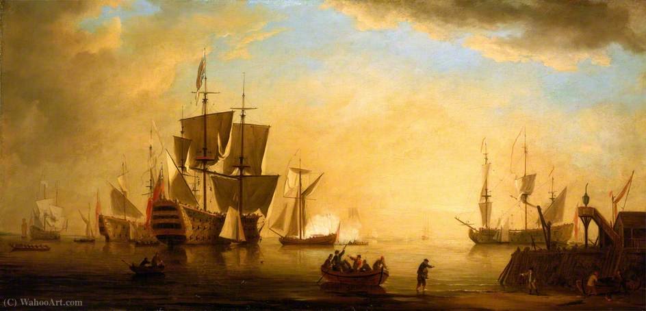 An English Flagship And Other Vessels Becalmed At Sun Down — Peter Monamy