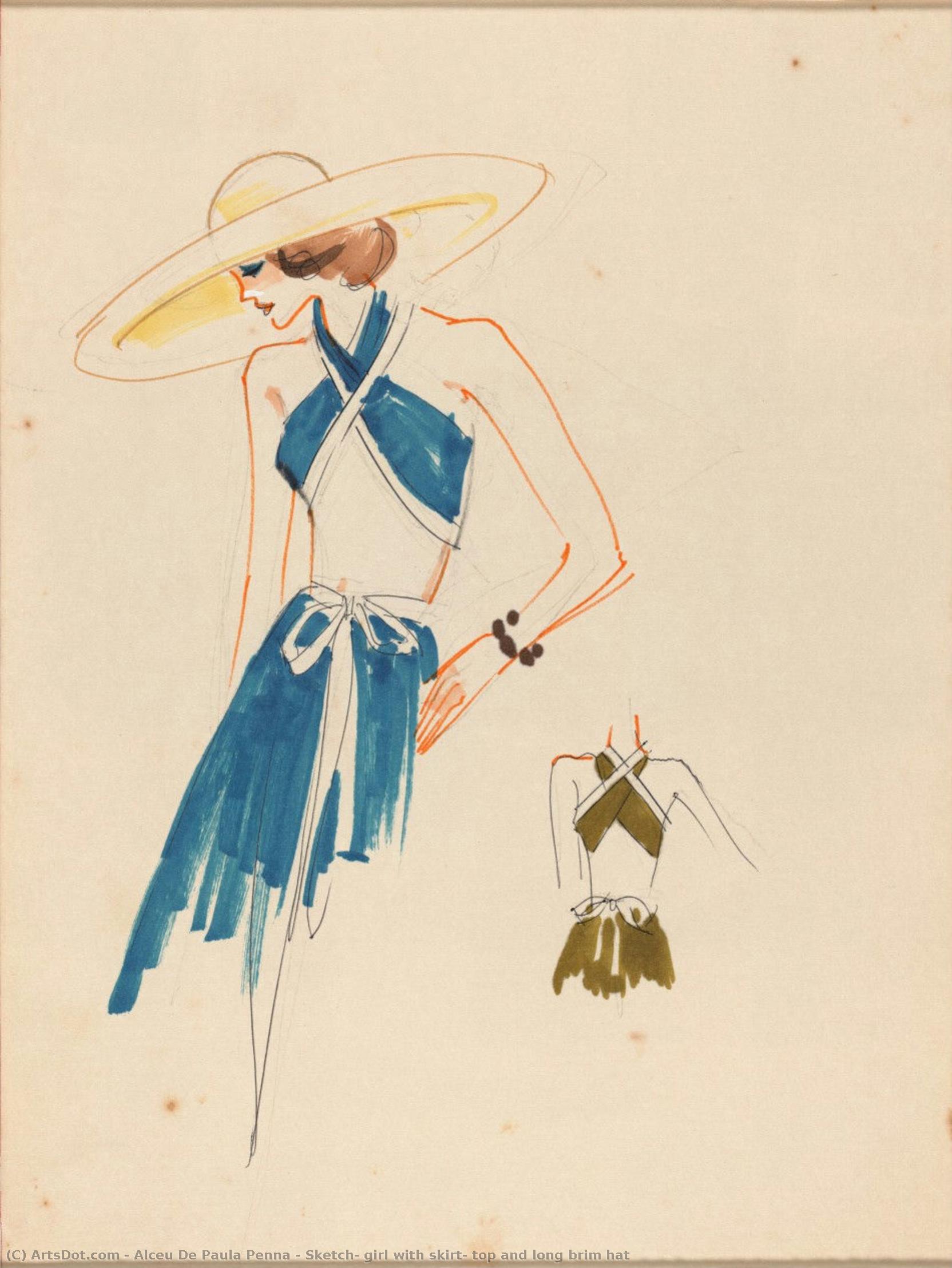Sketch, Girl With Skirt, Top And Long Brim Hat — Alceu De Paula Penna
