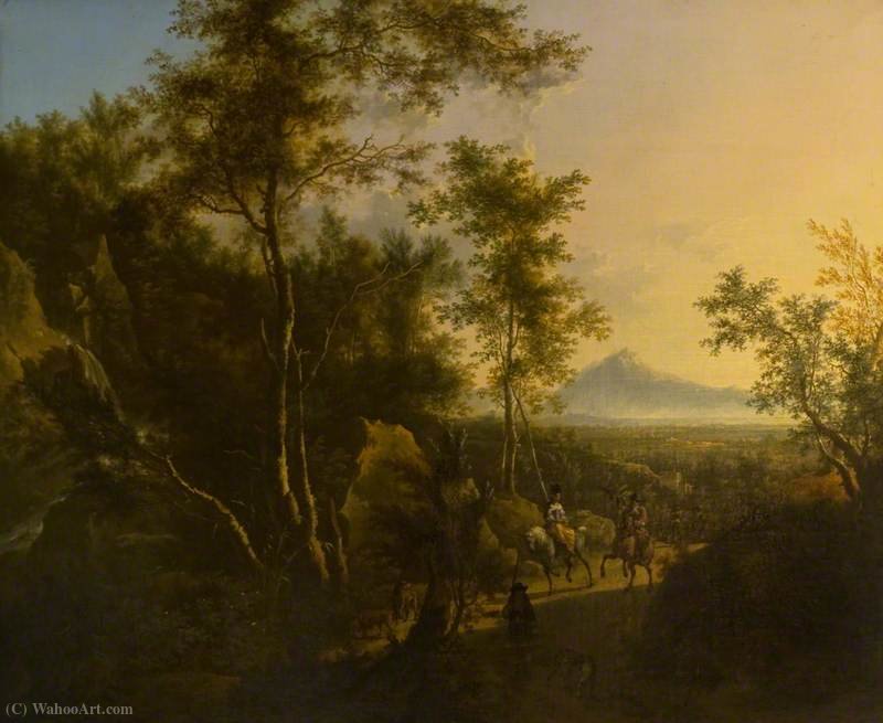 A Wooded Scene With A Sportsman, His Dog And A Hawking Party — Frederick De Moucheron