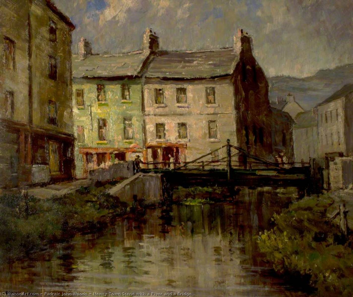 Newry Town Scene With A River And A Bridge — Padraic John Woods