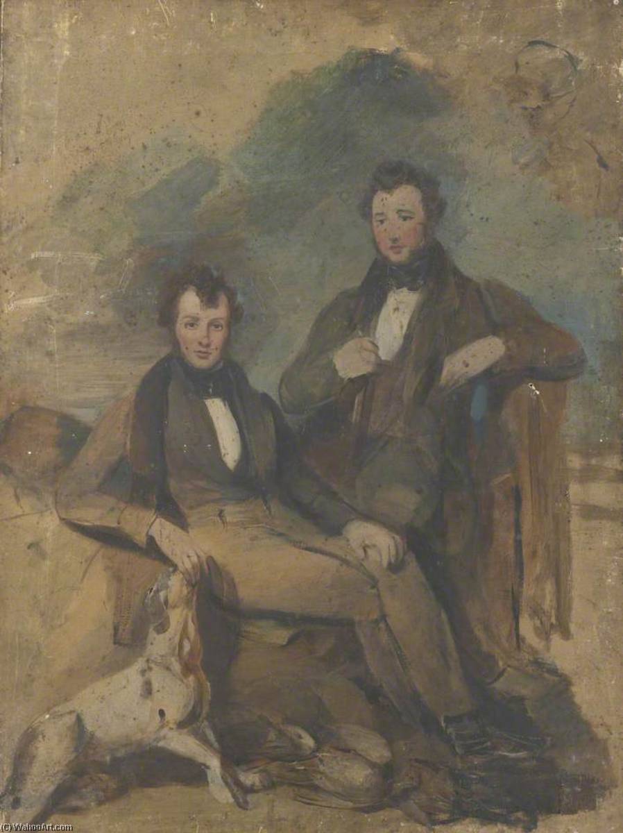 Portrait Of Two Seated Men With A Dog (unfinished) — George Sheffield Senior