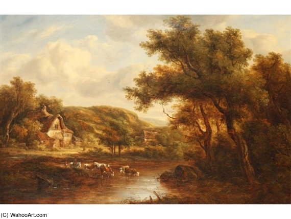 Cattle Watering Beside A Cottage In A Wooded Landscape — Richard Hilder