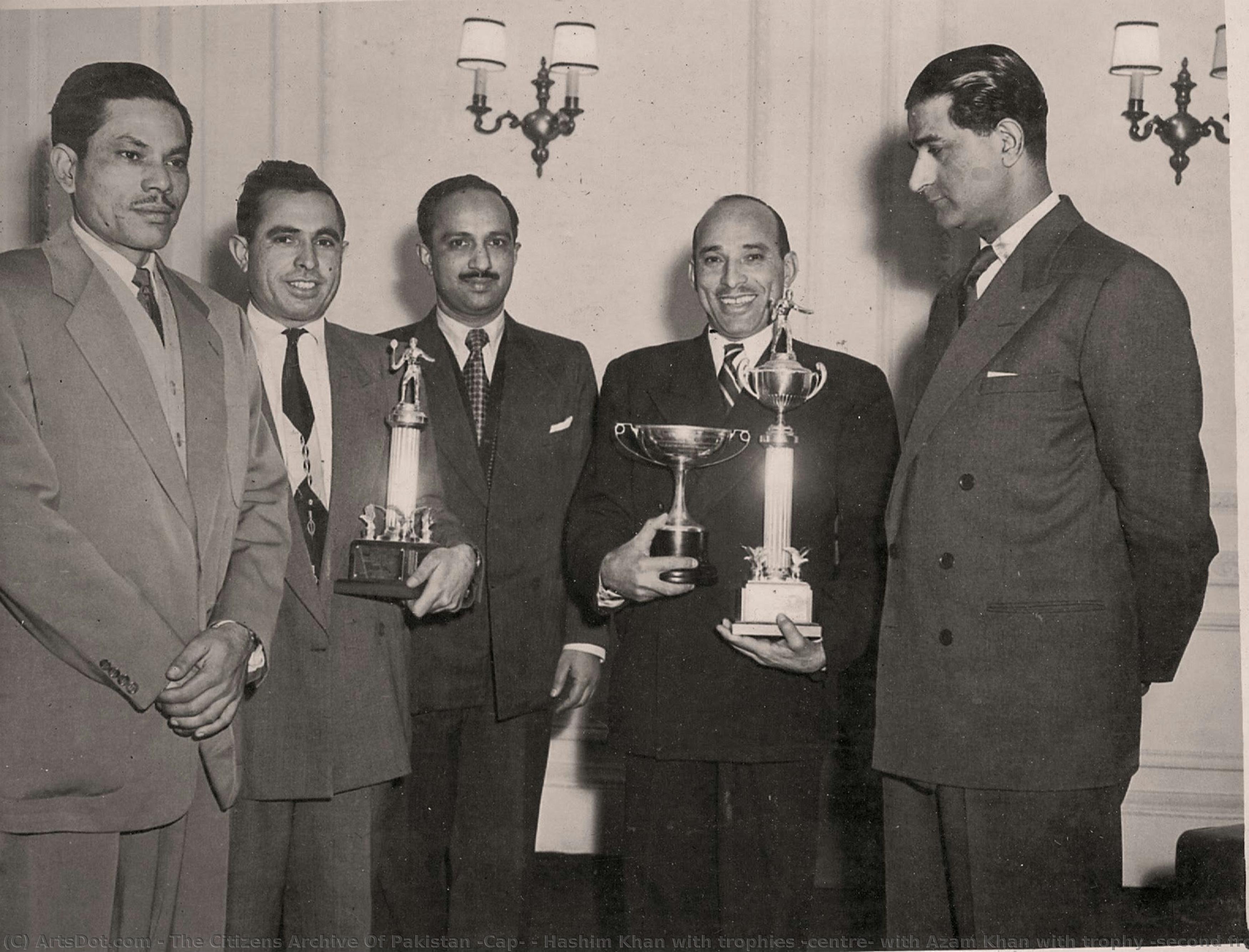 Hashim Khan With Trophies (centre) With Azam Khan With Trophy (second From Left) And Roshan Khan (extreme Left). Circa 1950s — The Citizens Archive Of Pakistan (cap)
