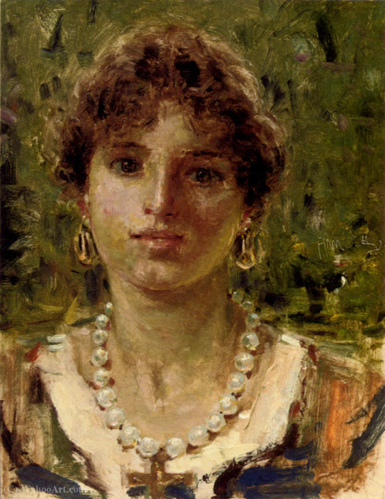 Portrait Of A Girl Waering A Pearl Necklace — Francesco Paolo Michetti