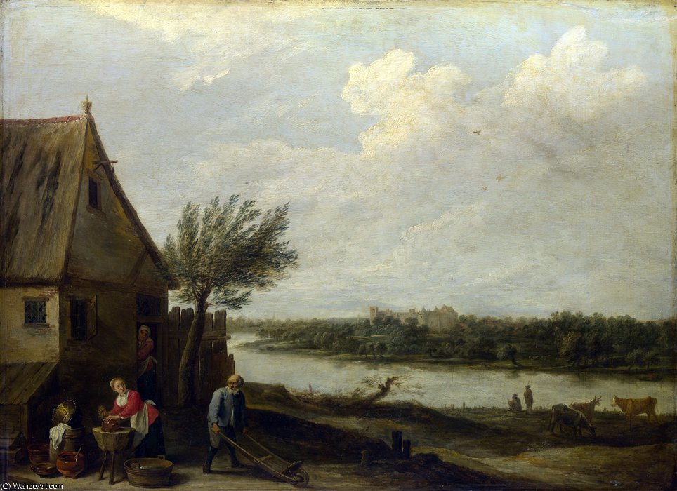 A Cottage By A River With A Distant View Of A Castle — David Tenije Mlađi