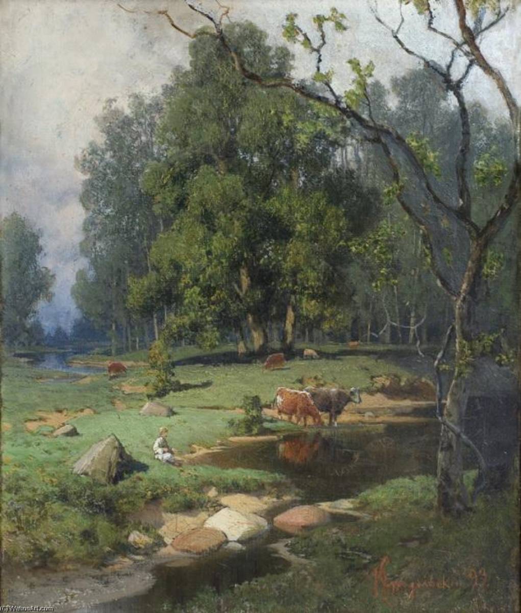 In A Forest Stream. Landscape With A Herd — Petr Sukhodolsky